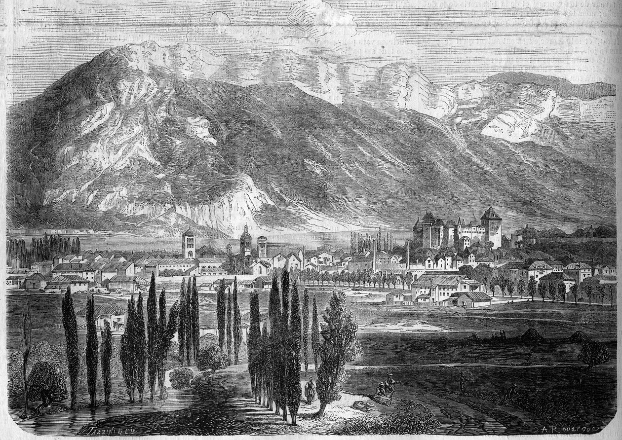 Widok miasta Annecy z drogi do Genewy. Górna Sabaudia (74) autorstwa French School