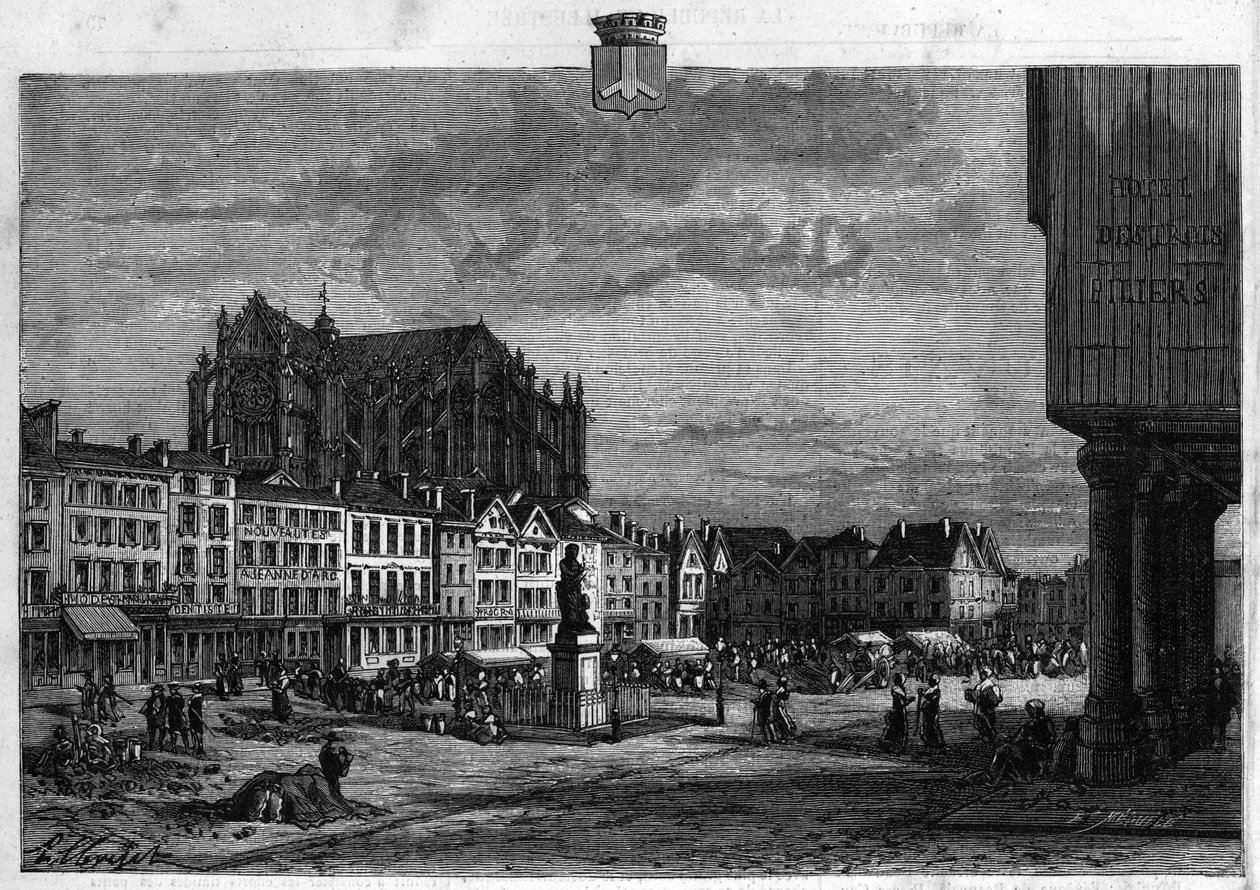 Widok na miasto Beauvais w Oise. Rycina z 1880 r. w prywatnej kolekcji „La republique illustree”. autorstwa French School