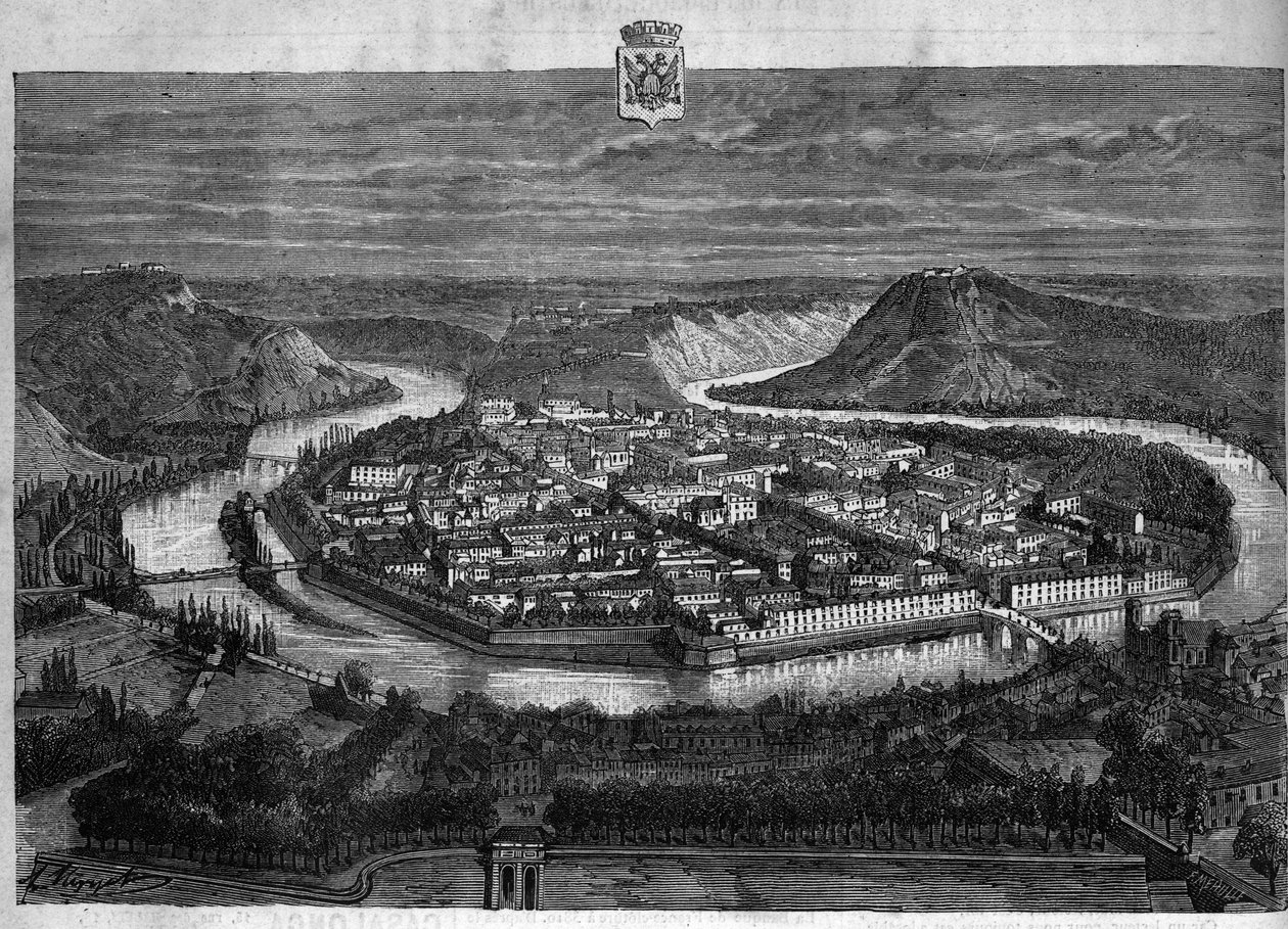 Widok na miasto Besancon w Doubs. Rycina z 1880 r. w prywatnej kolekcji „La republique illustree”. autorstwa French School