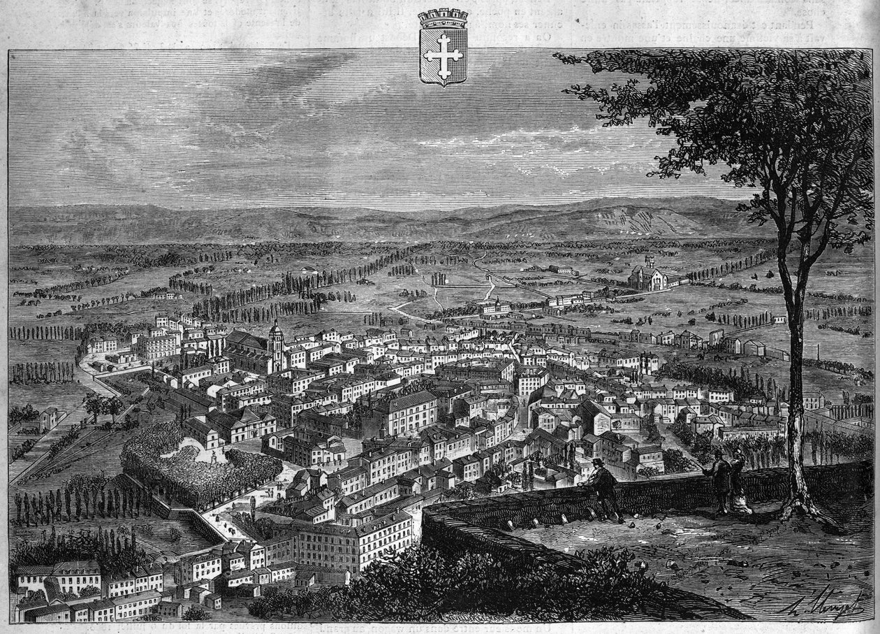 Widok na miasto Bourg w Ain. Rycina z 1880 r. w prywatnej kolekcji „La republique illustree”. autorstwa French School