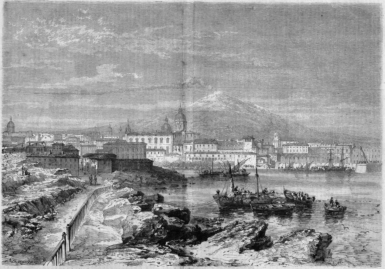 Widok na miasto Katania (Catania) u podnóża wulkanu Etna. Sycylia, Włochy autorstwa French School