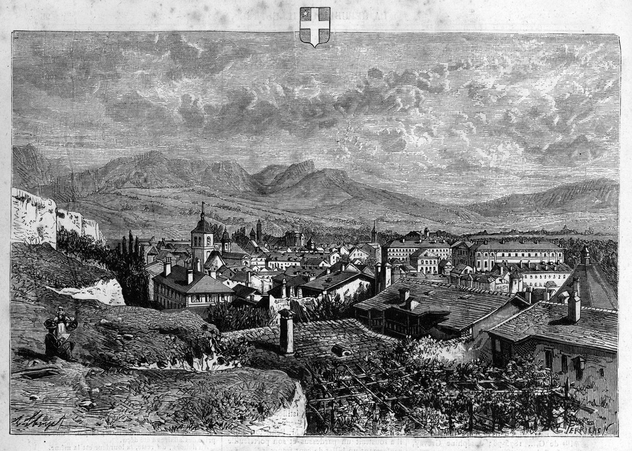Widok na miasto Chambery w Sabaudii. Rycina z 1880 r. w prywatnej kolekcji „La republique illustree”. autorstwa French School