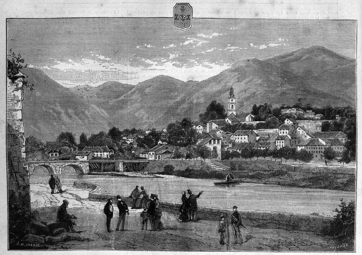 Widok na miasto Digne w Alpach Dolnych (Alpy Niżne). Rycina z 1880 r. w prywatnej kolekcji „La republique illustree”. autorstwa French School