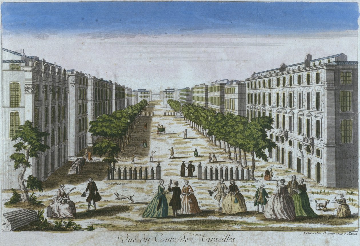 Widok na cours, Marsylia, Francja (kolorowe grawerowanie) autorstwa French School
