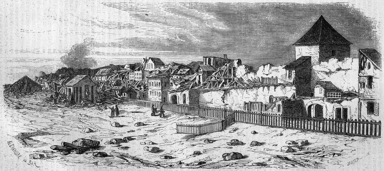 Widok dzielnicy miasta Kastrich w Moguncji (Niemcy), po wybuchu beczki prochu w 1857 roku. Z fotografii. Grawer w „Le Monde Illustré” nr 36 z 19 grudnia 1857 r. autorstwa French School