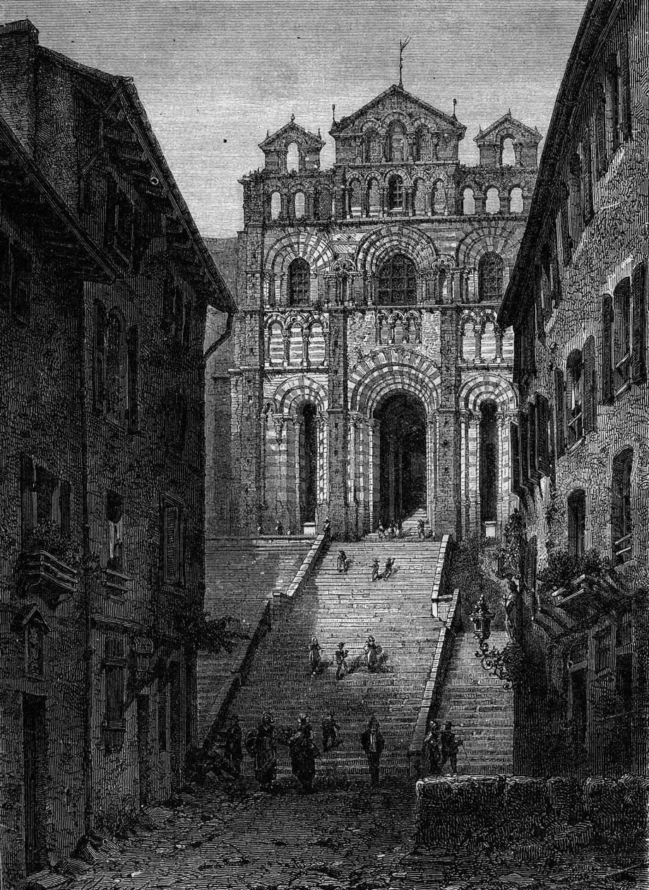 Widok na fasadę katedry Notre Dame du Puy en Velay (Puy-en-Velay), Haute Loire (43) autorstwa French School