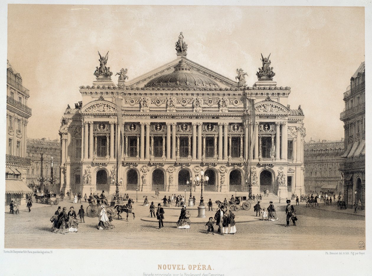Widok na fasadę Opery Garnier w Paryżu z widokiem na Boulevard des Capucines. Z XIX-wiecznej akwareli Paryż, Musee Carnavalet autorstwa French School