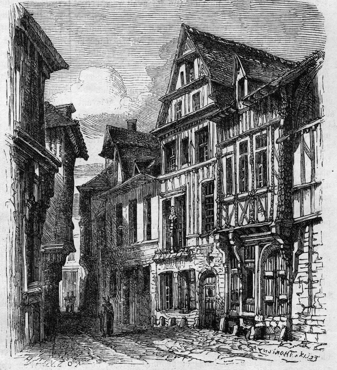 Widok na dom położony przy rue de la Pie, w Rouen, gdzie urodził się Pierre Corneille. Grawerowanie w „”Le Monde Illustré””n°308 z 3 stycznia autorstwa French School
