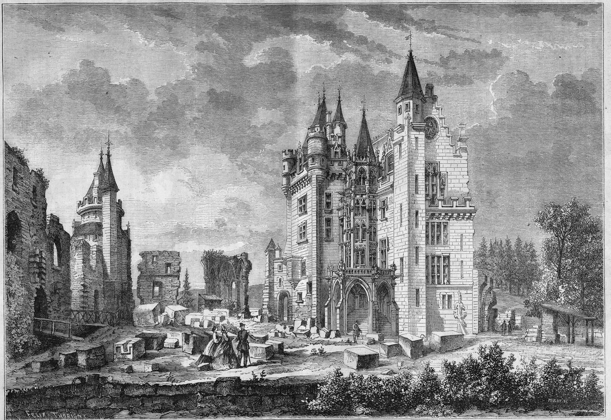 Widok na prace konserwatorskie w Chateau de Pierrefonds, zorganizowane przez Eugene