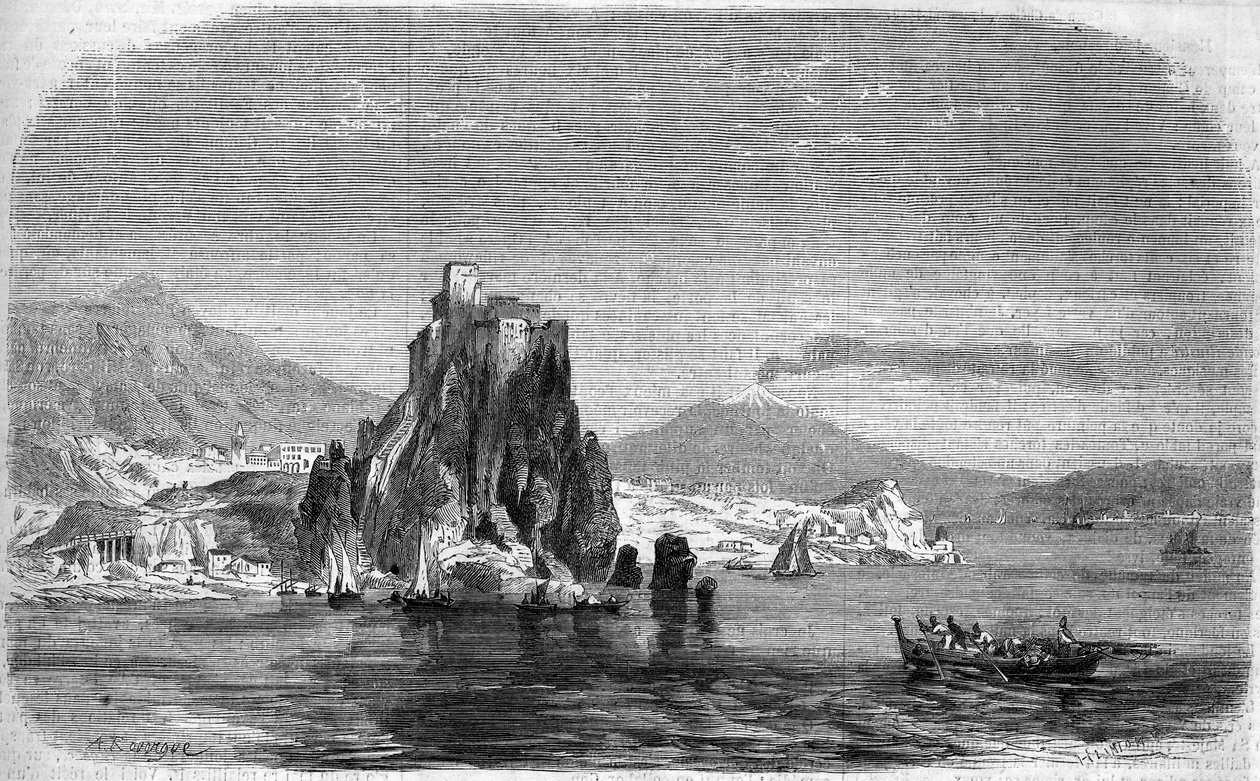 Widok na skały „Charybda” i „Scylla” w Detroit w Mesynie na Sycylii autorstwa French School