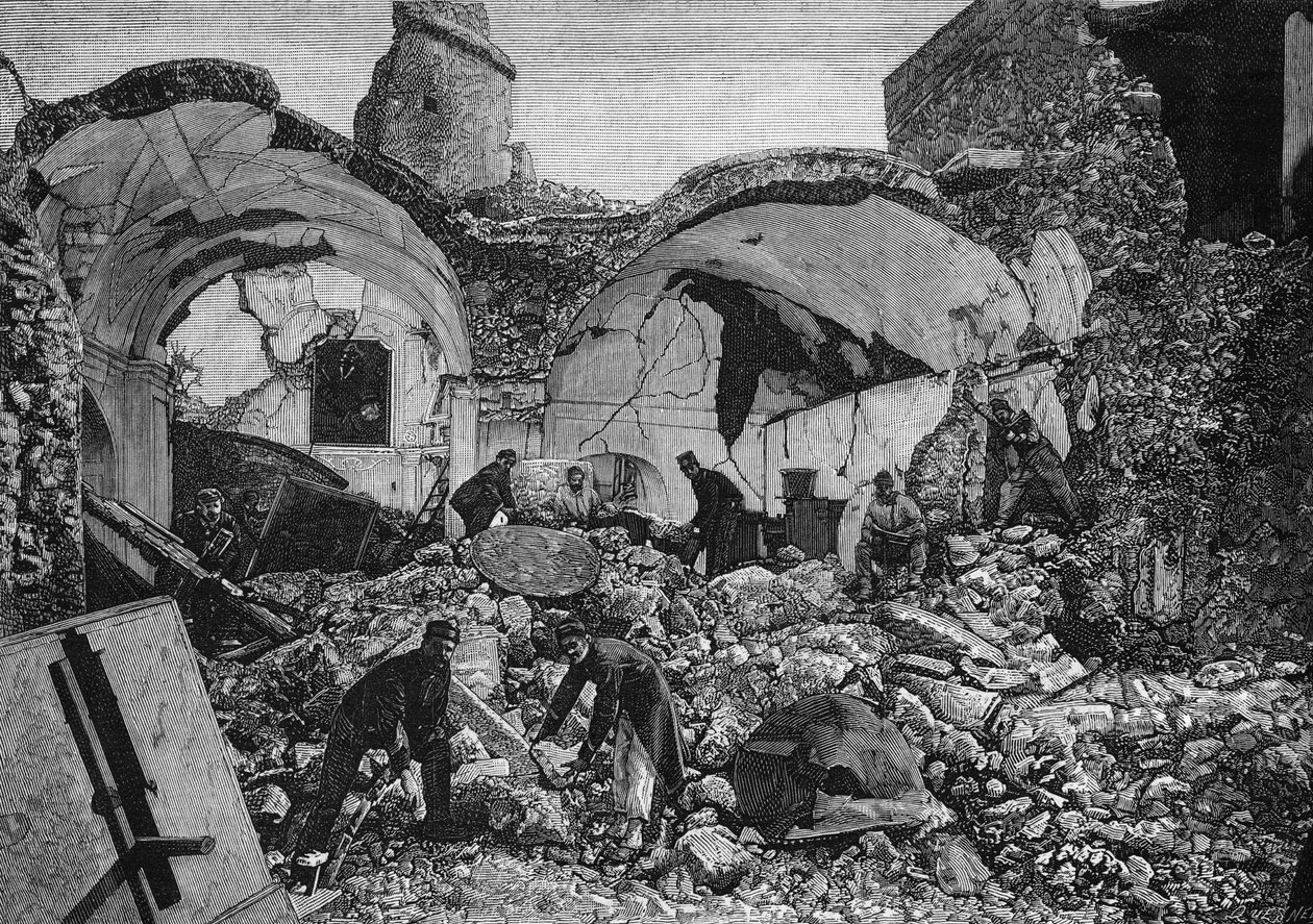 Widok na ruiny Chiese del Purgatorio, zniszczonych podczas trzęsienia ziemi w 1881 roku na wyspie Ischia (Włochy). Grawerowanie autorstwa Quesnela w „” The Illustrous World”” nr 1254 z 9 kwietnia 1881 r. autorstwa French School