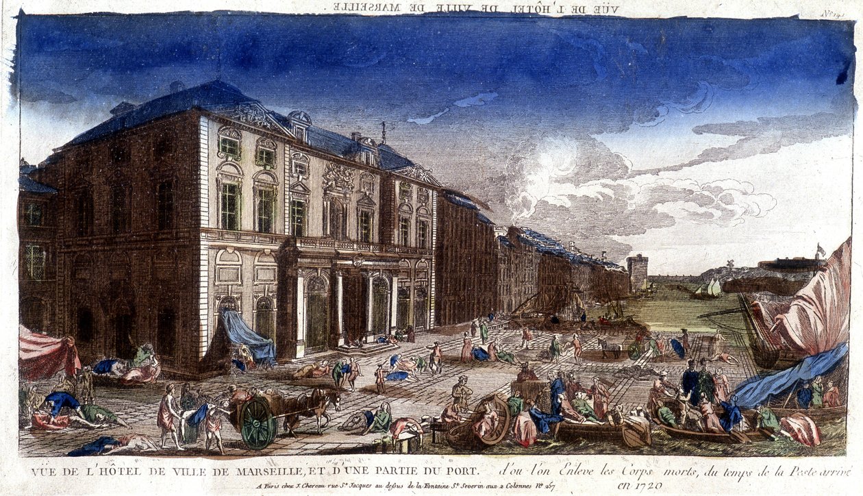 Widok na ratusz Marsylii i część portu, z którego przybyły zwłoki z czasów zarazy w 1720 r. - rycina autorstwa French School