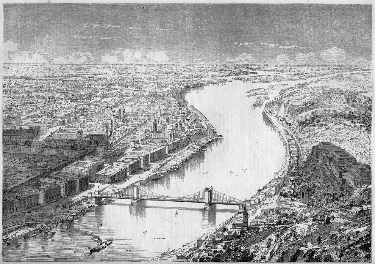 Widoki miasta Pesth (Pest), stolicy Węgier, w 1861 r. oraz mostu Szechenyi lub mostu Chaines, zbudowanego w latach 1840-1849. Grawer „” Le Monde Illustré” nr 229 z 31 sierpnia 1861 r. autorstwa French School