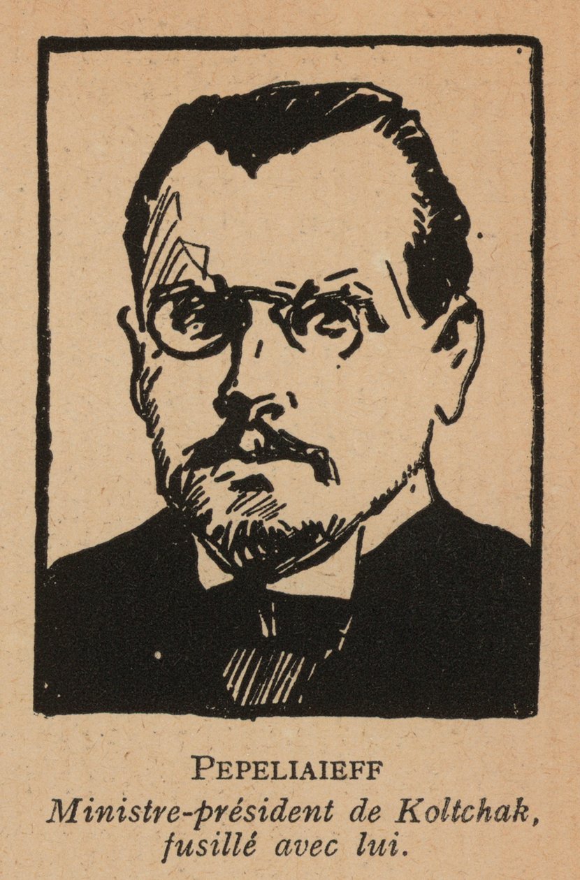Wiktor Piepielajew, rosyjski polityk i premier białego rosyjskiego rządu admirała Kołczaka na Syberii, stracony przez bolszewików (litografia) autorstwa French School