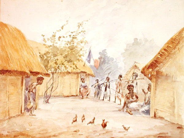 Wieś na Madagaskarze w czasie jej podboju przez Francję w latach 1895-96 (akwarela na papierze) autorstwa French School