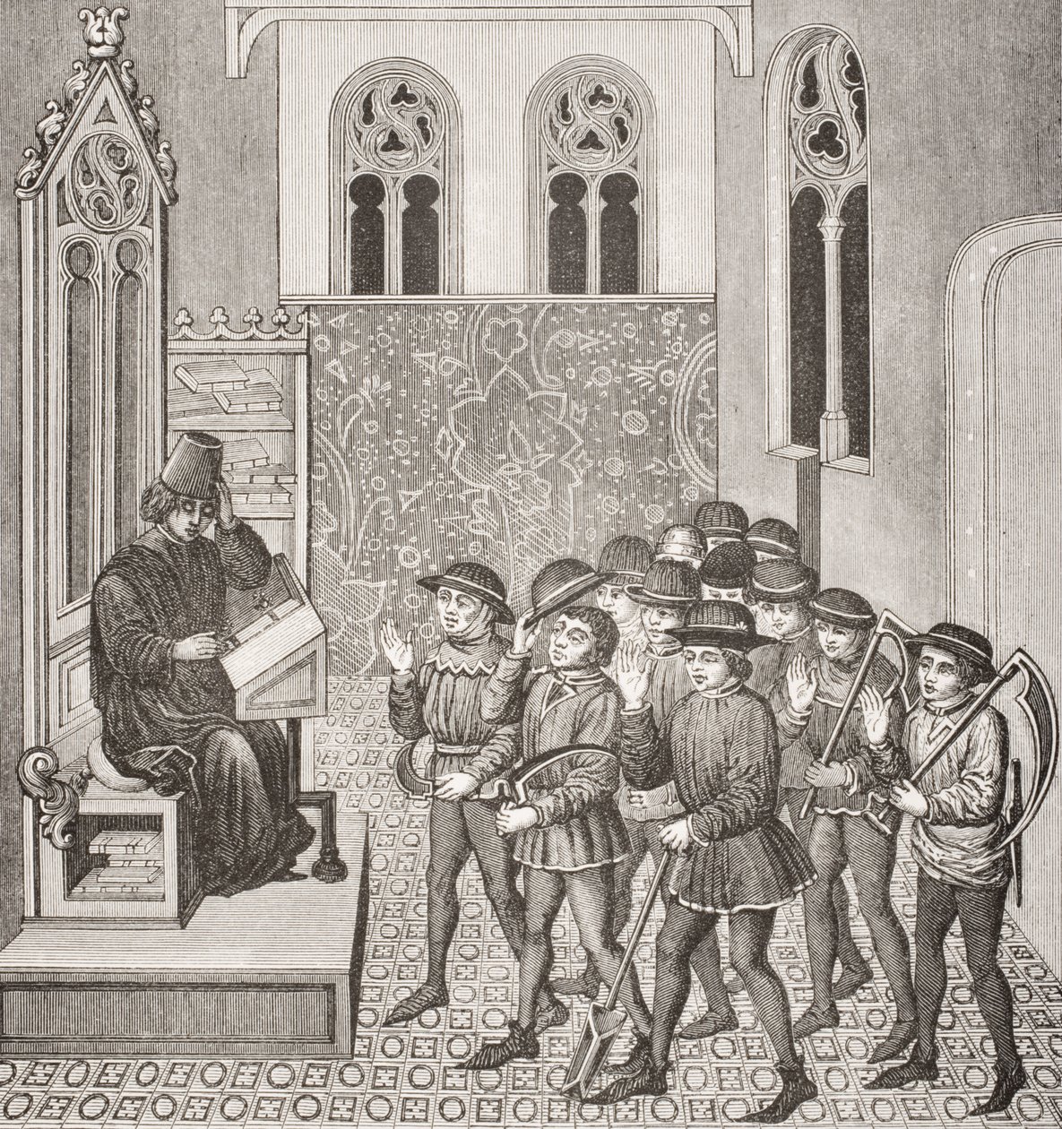 Złoczyńcy otrzymujący Order Lordów przed pójściem do pracy, po miniaturze w rękopisie z XV wieku, z Le Moyen Age et La Renaissance autorstwa Paula Lacroix (1806-84) opublikowanej w 1847 roku autorstwa French School