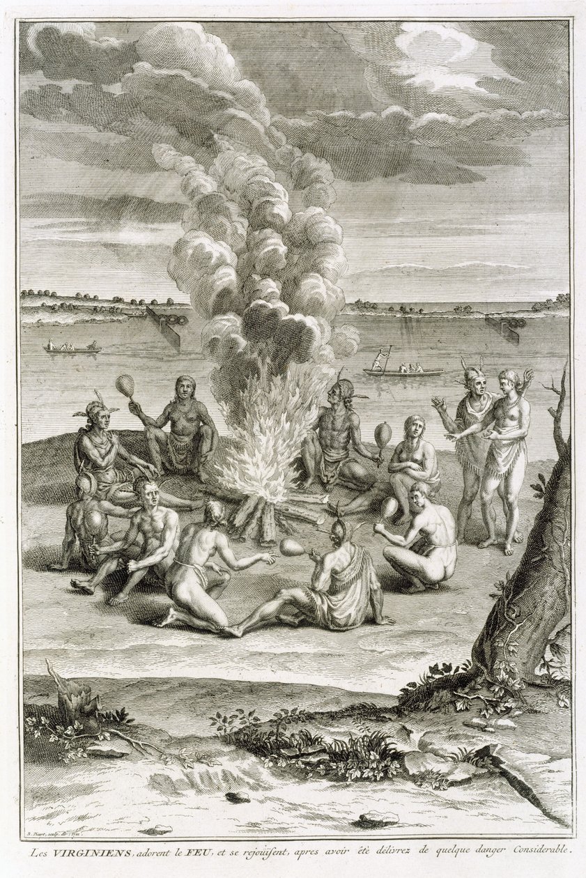 Wirginianie oddają cześć ogniu i radują się uwolnieni od znacznego niebezpieczeństwa, ilustracja z ceremonii i zwyczajów religijnych, ryty przez Bernarda Picarta (1673-1733) 1721 autorstwa French School