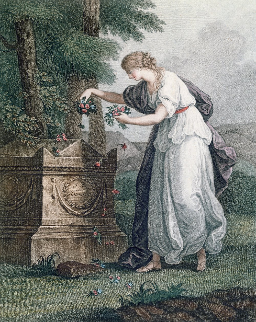 Cnota składa hołd w Grobowcu Rousseau, Ermenonville (Tombeau de Jean Jacques Rousseau), 1866 (ręcznie barwione punktowe grawerowanie) autorstwa French School