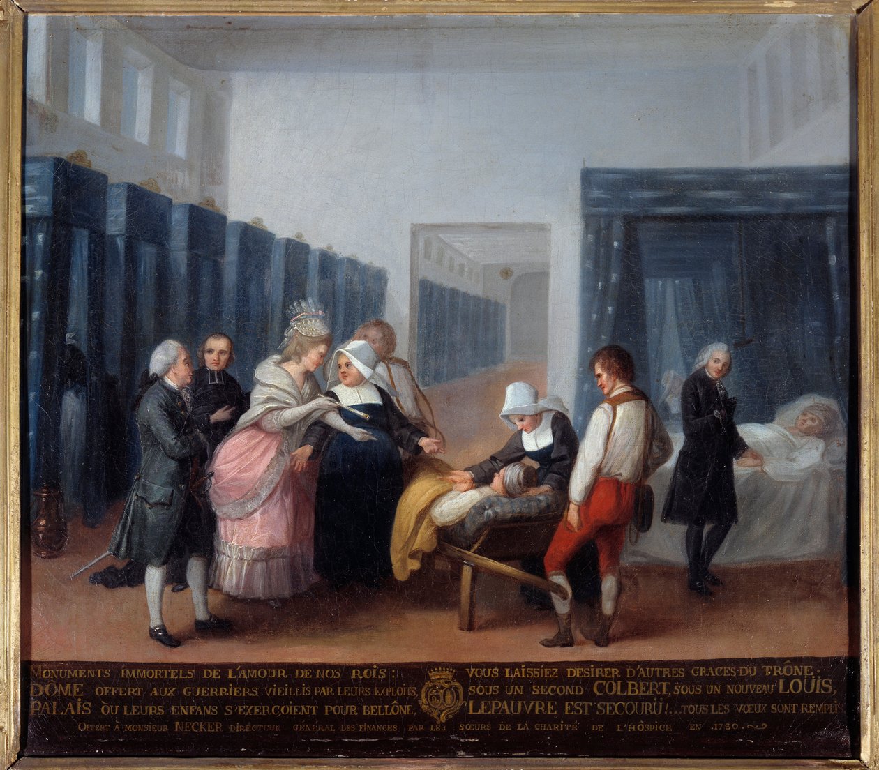 Wizyta Monsieur i Madame Necker w hospicjum charytatywnym Jest to szpital (obecnie Necker Hospital w Paryżu) założony przez ministra i jego żonę, żonę Lettresa w 1778 r. Obraz szkoły francuskiej. 18 wiek. Paryż, Musee de l