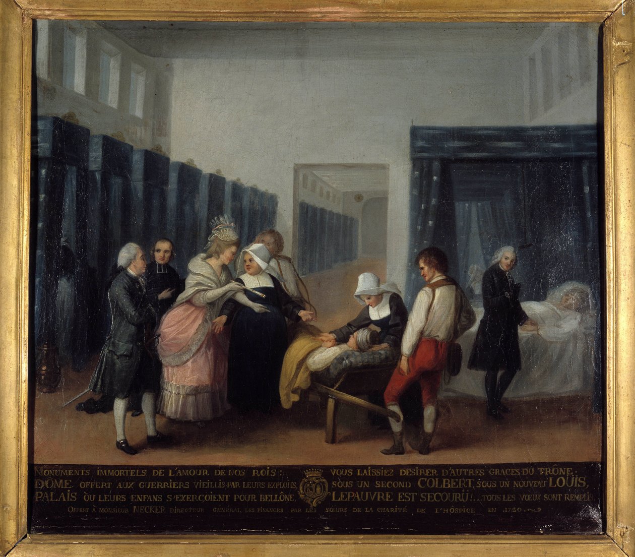 Wizyta państwa Necker w Szpitalu Inwalidów - Szkoła Francuska, Muzeum Pomocy Publicznej, koniec XVIII wieku autorstwa French School