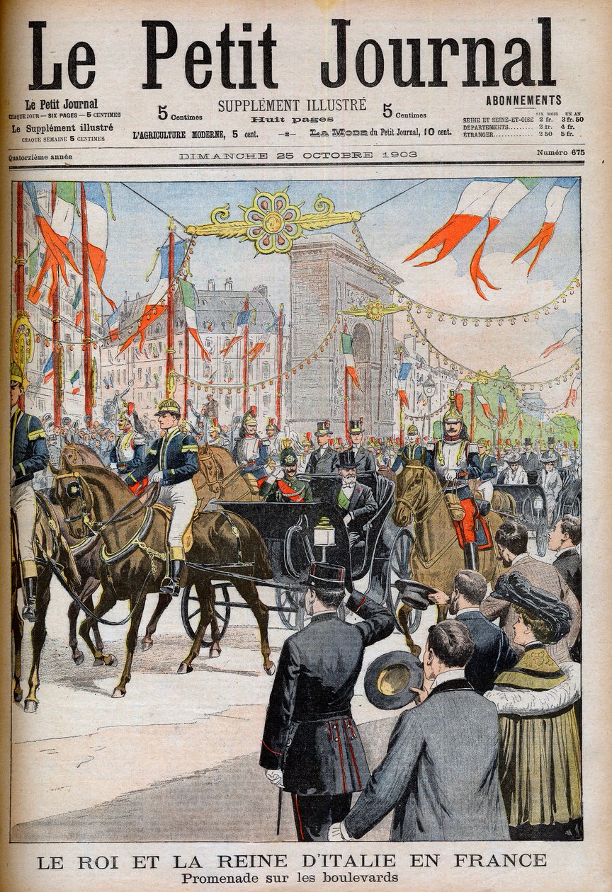 Wizyta króla i królowej Włoch we Francji. Król i królowa Włoch we Francji. Promenada na bulwarach z prezydentem Republiki Francuskiej Emilem Loubetem - Ilustracja do Le petit Journal, 25 października 1903 - Victor Emmanuel III (Victor-Emma autorstwa French School