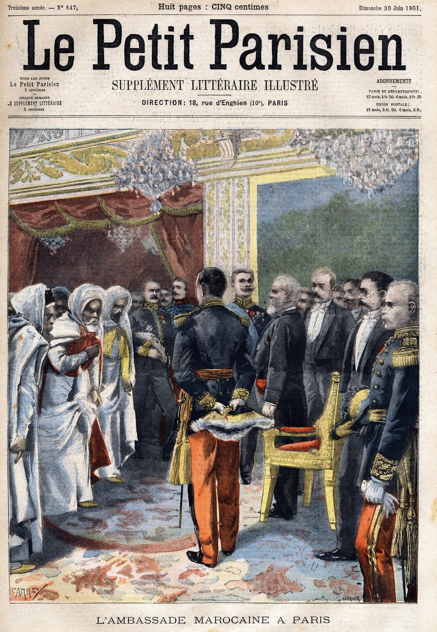 Wizyta ambasady marokańskiej przyjęta przez prezydenta Francji Emila Loubeta (1838-1929) w Paryżu, w „Le Petit Parisien”” 30.06.1901 (rycina) autorstwa French School
