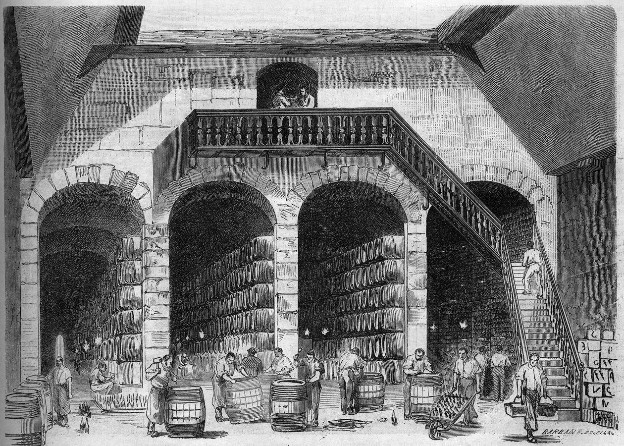 Uprawa winorośli: widok wnętrza krzemu i piwnic M. Cruse et fils freres, Bordeaux, Gironde (33) autorstwa French School
