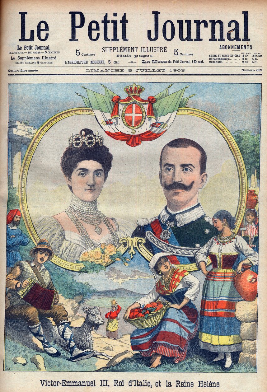 Vittorio Emanuele III di Savoia i Elena di Savoia - Król Wiktor Emanuel III i królowa Włoch Elena. Wiktor Emanuel III, król Włoch i królowa Helena. Ilustracja do Le petit Journal, 5 lipca 1903. autorstwa French School