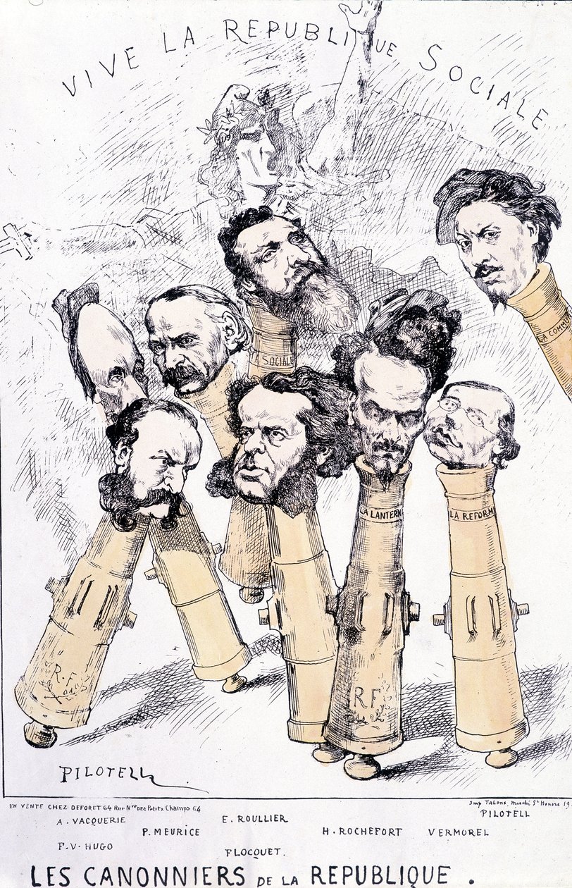 Niech żyje republika społeczna - Kanonierki Republiki: A. Vacquerie, F.V. Hugo, P. Meurice, E. Roullier, Flocquet, H. Rochefort, Vermorel, Pilotell. Kreskówka. autorstwa French School