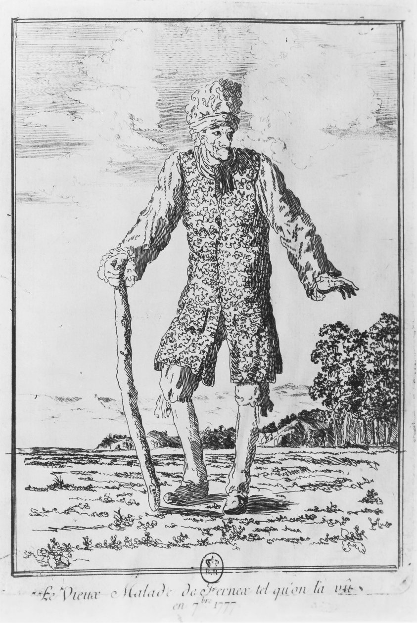 Voltaire w Ferney: „Chory starzec z Fernexu, jakiego widzieliśmy we wrześniu 1777” (rycina) autorstwa French School
