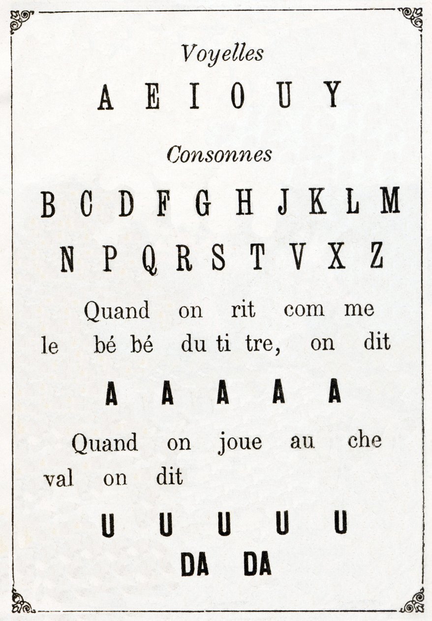 Samogłoski i Cononne w „Alfabet des petits sawants”, koniec XIX w. (chromolitografia) autorstwa French School