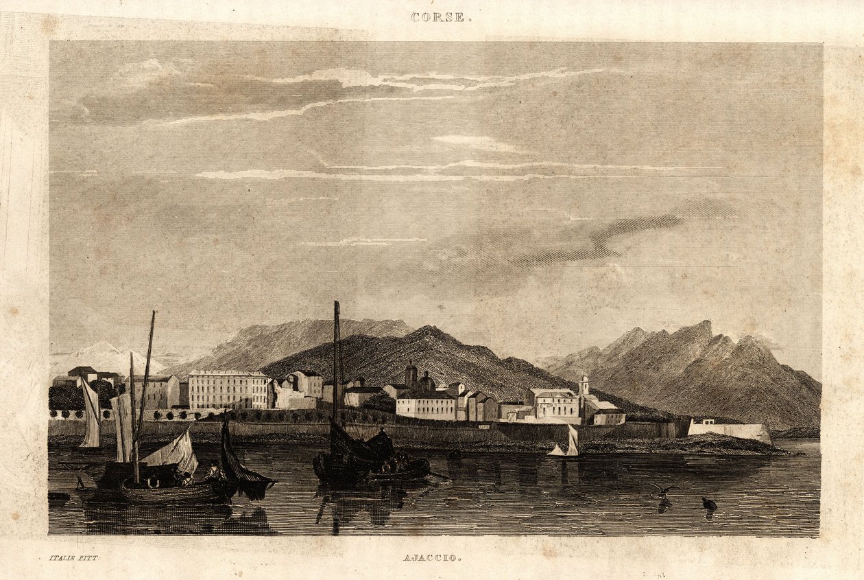 Widok Ajaccio na Korsyce, rycina z 1836 roku. autorstwa French School