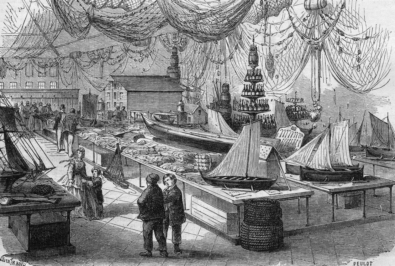 Widok galerii głównej Międzynarodowej Wystawy Morskiej i Rybackiej w Boulogne sur Mer (Boulogne-sur-Mer), Pas de Calais (62) autorstwa French School