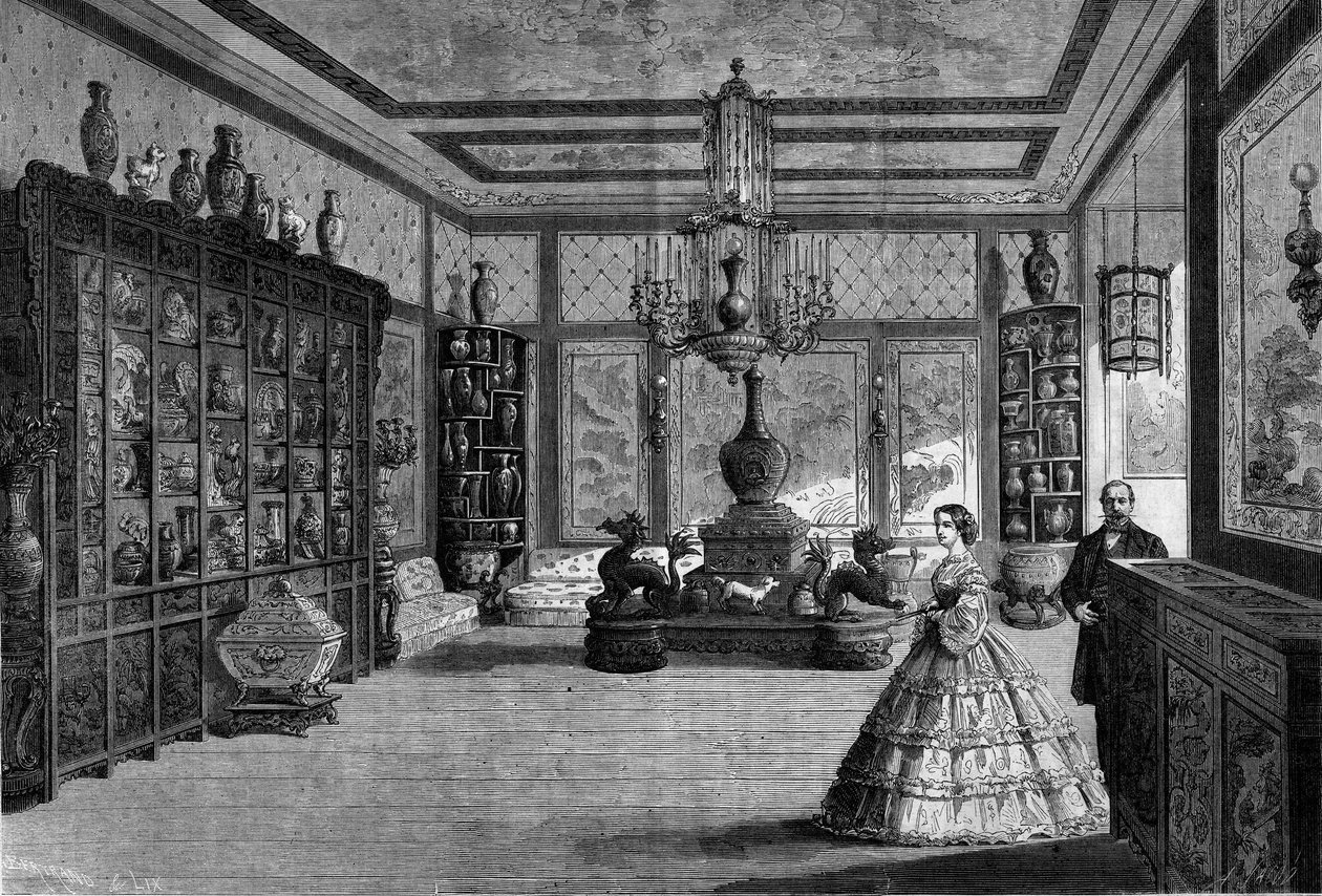 Widok na Chińskie Muzeum Cesarzowej Eugenii de Montijo, zainstalowane w 1863 roku w Chateau de Fontainebleau. Grawer w „Le Monde Illustre” nr 325 z 4 lipca 1863 r. autorstwa French School