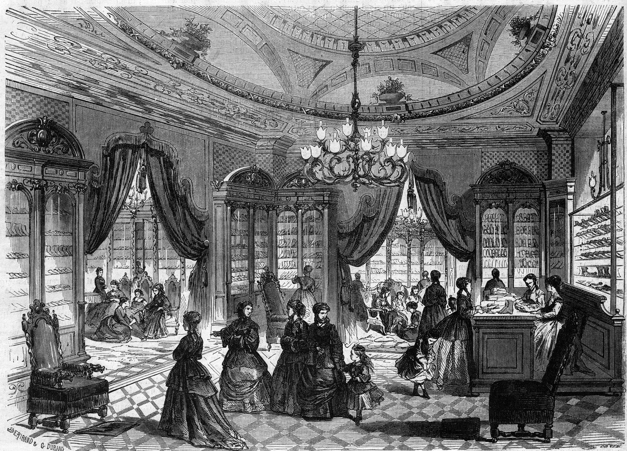 Widok wnętrza sklepu obuwniczego pana Herberta, 93 rue de Richelieu w Paryżu. Grawer w „Le Monde Illustre” nr 613 z 9 stycznia 1869 r. autorstwa French School