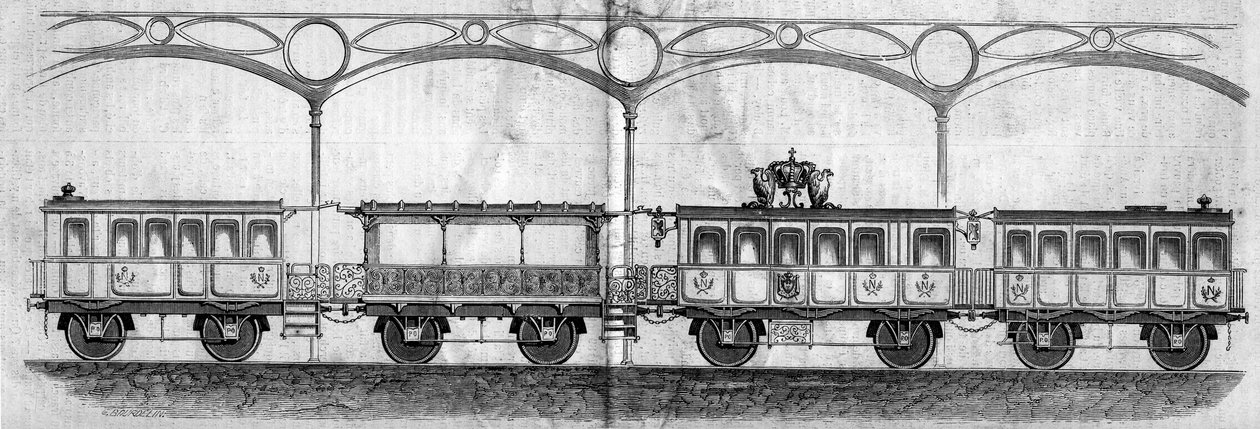 Wagony zajęte przez cesarza Napoleona III (1808-1873) podczas podróży z Paryża do Cherbourga w 1858 r. Grawer „”Le Monde Illustré” nr 70 z 14 sierpnia 1858 r. autorstwa French School