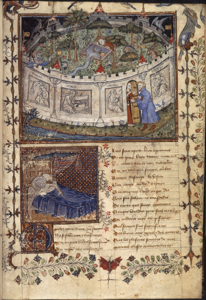Otoczony murem ogród Sir Mirtha, z „Le Roman de le Rose, ok. 1400 r. (welin) autorstwa French School