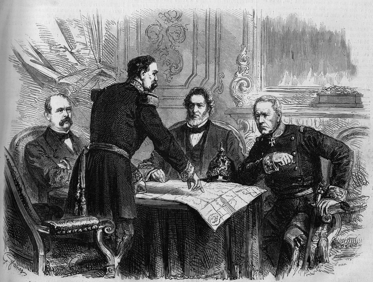 Wojna 1870 - Oblężenie Paryża: podpisanie rozejmu między przedstawicielami Francji i Prus po kapitulacji Paryża, 28 stycznia 1871. Od lewej do prawej: Otto von Bismarck (1815-1898), Horix de Valdan (1810-1883) , Jules Favre (1809-1880) i autorstwa French School