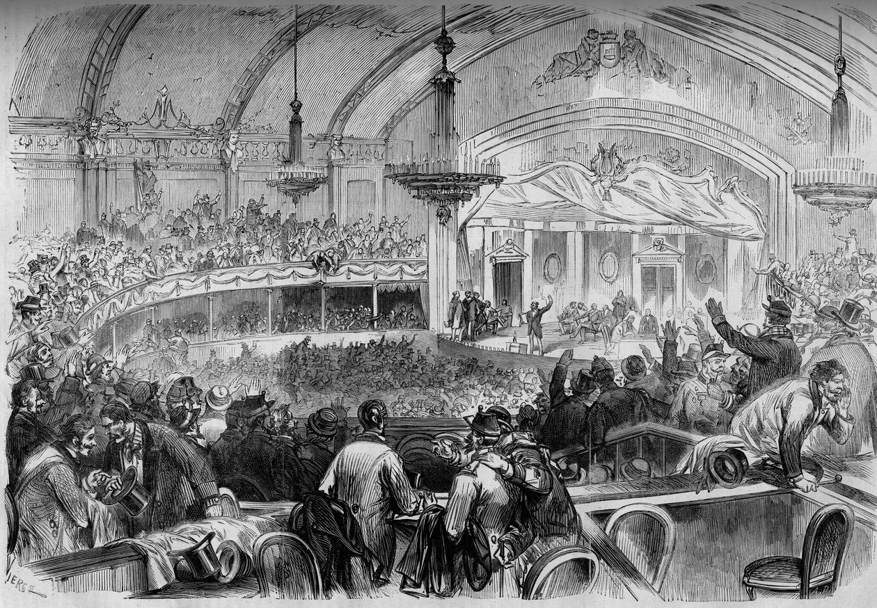 Wojna 1870 r. - wybory ustawodawcze podczas rozejmu - luty 1871 r.: zebranie wyborcze w Cabaret des Folies Bergeres w Paryżu w celu ogłoszenia kandydatów do Zgromadzenia Narodowego. Grawer w „”Le Monde Illustré””n°722 z 11 lutego 187 autorstwa French School