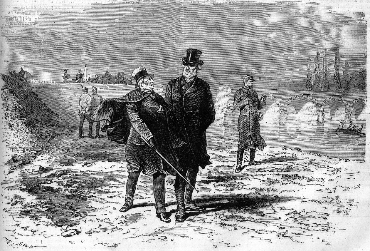 Wojna 1870: Wywiad Adolphe Thiers (1797-1877) i Jules Favre (1809-1880), który zdecydował o zerwaniu negocjacji w sprawie zawieszenia broni z Niemcami. Grawer w „Le Monde Illustré” nr 709 z dnia 12 listopada 1870 r. autorstwa French School