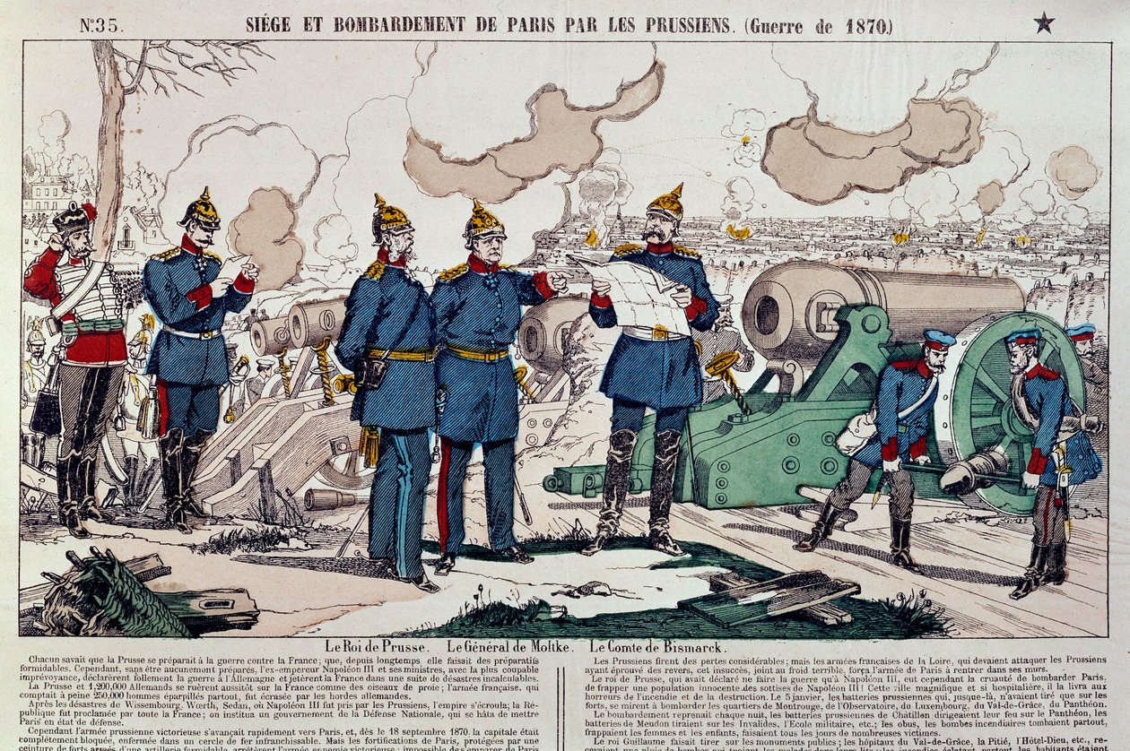 Wojna 1870 r.: oblężenie i bombardowanie Paryża przez Prusaków. Pruski król Wilhelm I (1797-1888), generał Moltke (1800-1891) i kanclerz Otto von Bismarck (1815-1898) wzięli udział w naradzie. Rycina z 1870 roku. Paryż, Musee Carnavalet autorstwa French School