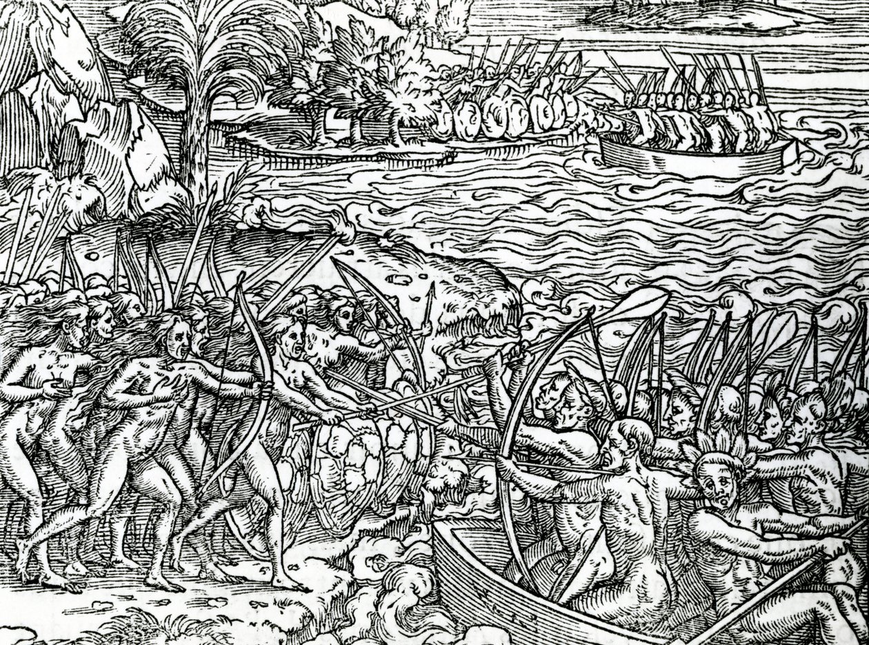 Scena wojny, Brazylia, ilustracja z „Singularities of France Antarctique”, Andre de Thevet, 1558 autorstwa French School