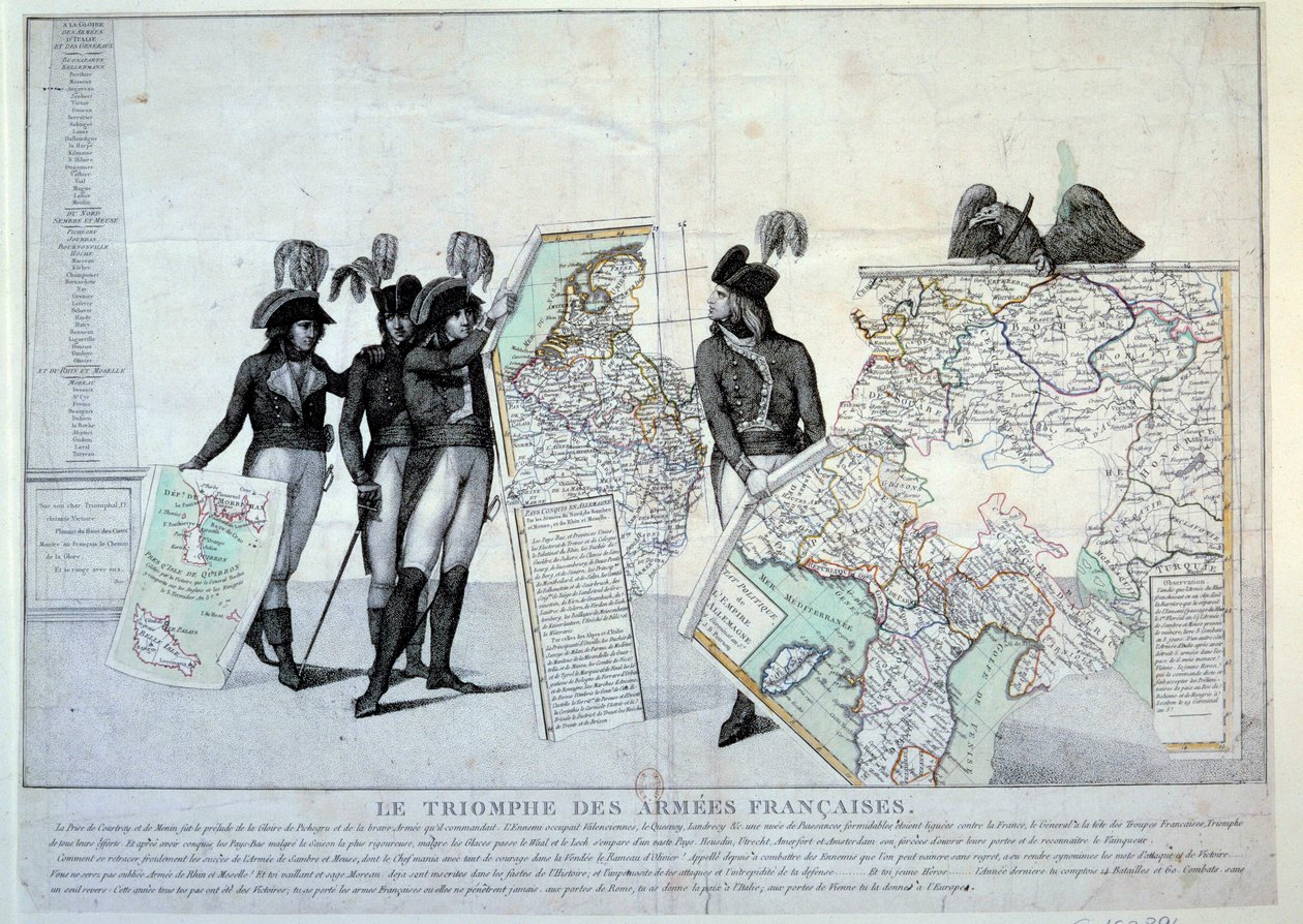 Wars of the Revolution: Generał Napoleon Bonaparte (1769-1821) trzymający mapę Włoch (w czasie kampanii włoskiej), aby rozwiązać zagadkę terytoriów podbitych przez Francję. Po lewej prawdopodobnie generałowie Hoche, Pichegru i Jean Victor (Jean- autorstwa French School