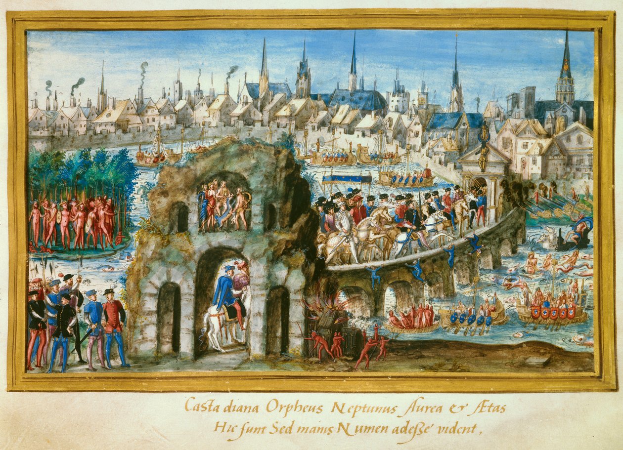Pokazy wodne zorganizowane przez miasto Rouen z okazji królewskiego wjazdu króla Henryka II (1519-1559) i Katarzyny Medycejskiej (Caterina de Medici) (1519-1589) w dniu 1 października 1550 r. Odtworzenie po lewej stronie wioski Indian w Brazylii. Miniatura autorstwa French School