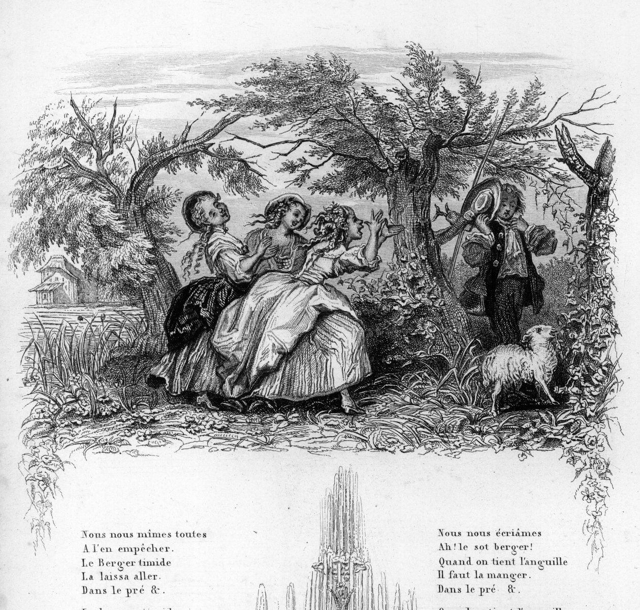 Byłyśmy trzema dziewczynami. Trzy dziewczyny bawią się z pasterzem i sprawiają, że czuje się niekomfortowo. Grawer w „”Chants et chansons populaire de la France””, Tom 2 autorstwa French School