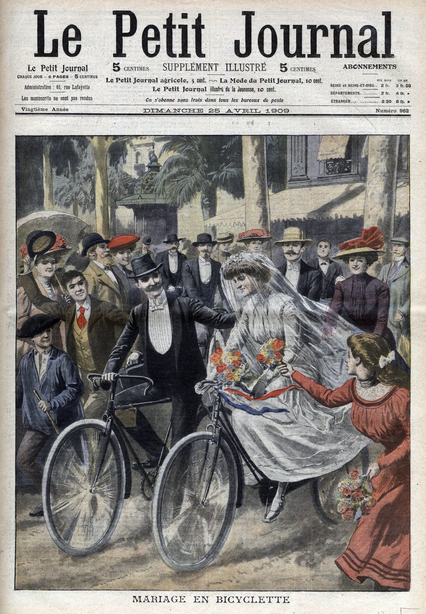 Ślub na rowerze na dziedzińcu ratusza w Nicei, W „Le Petit Journal” z 25 kwietnia 1909 r. (rycina) autorstwa French School