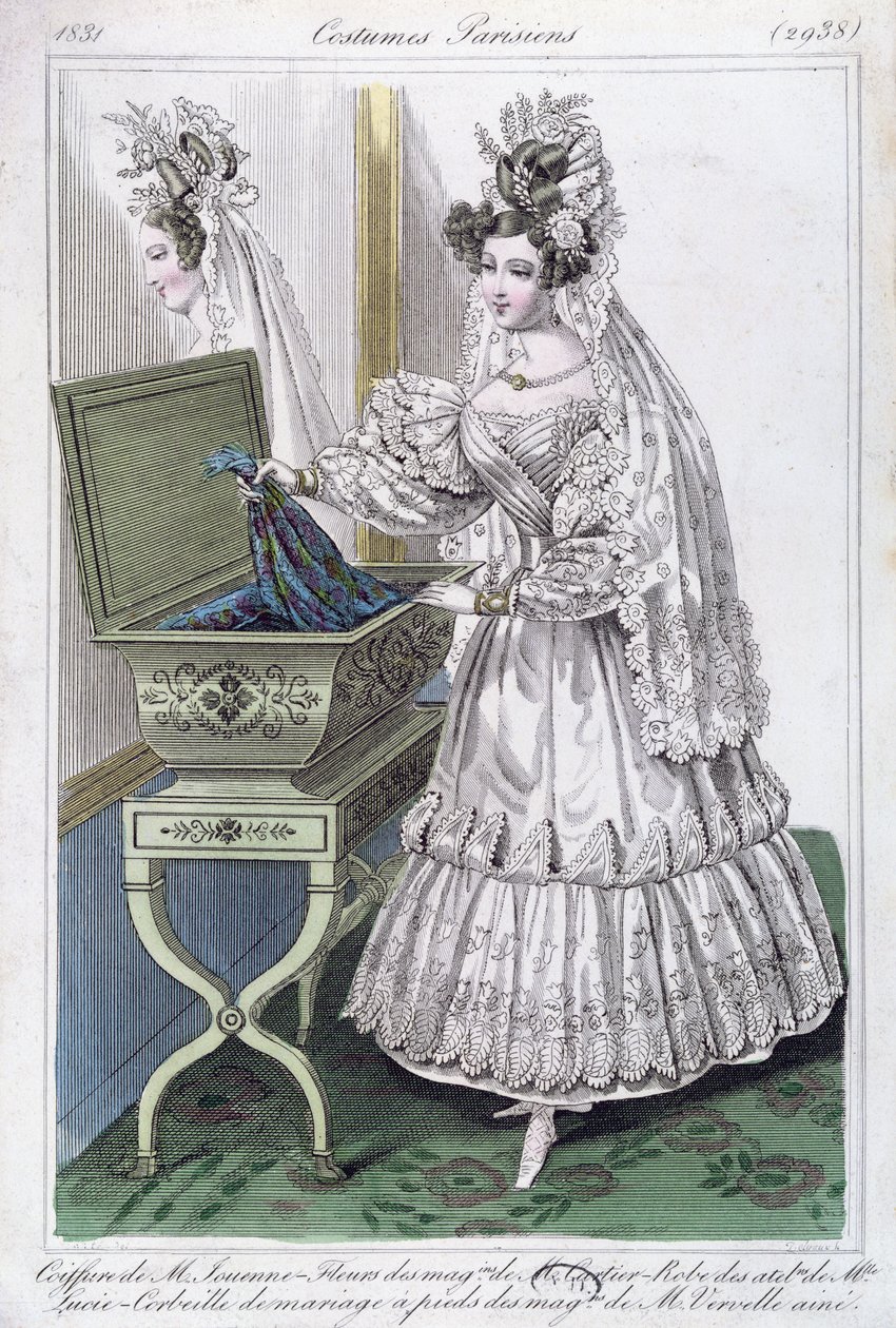 Suknia ślubna, modny talerz z Costumes Parisiens, 1831 autorstwa French School