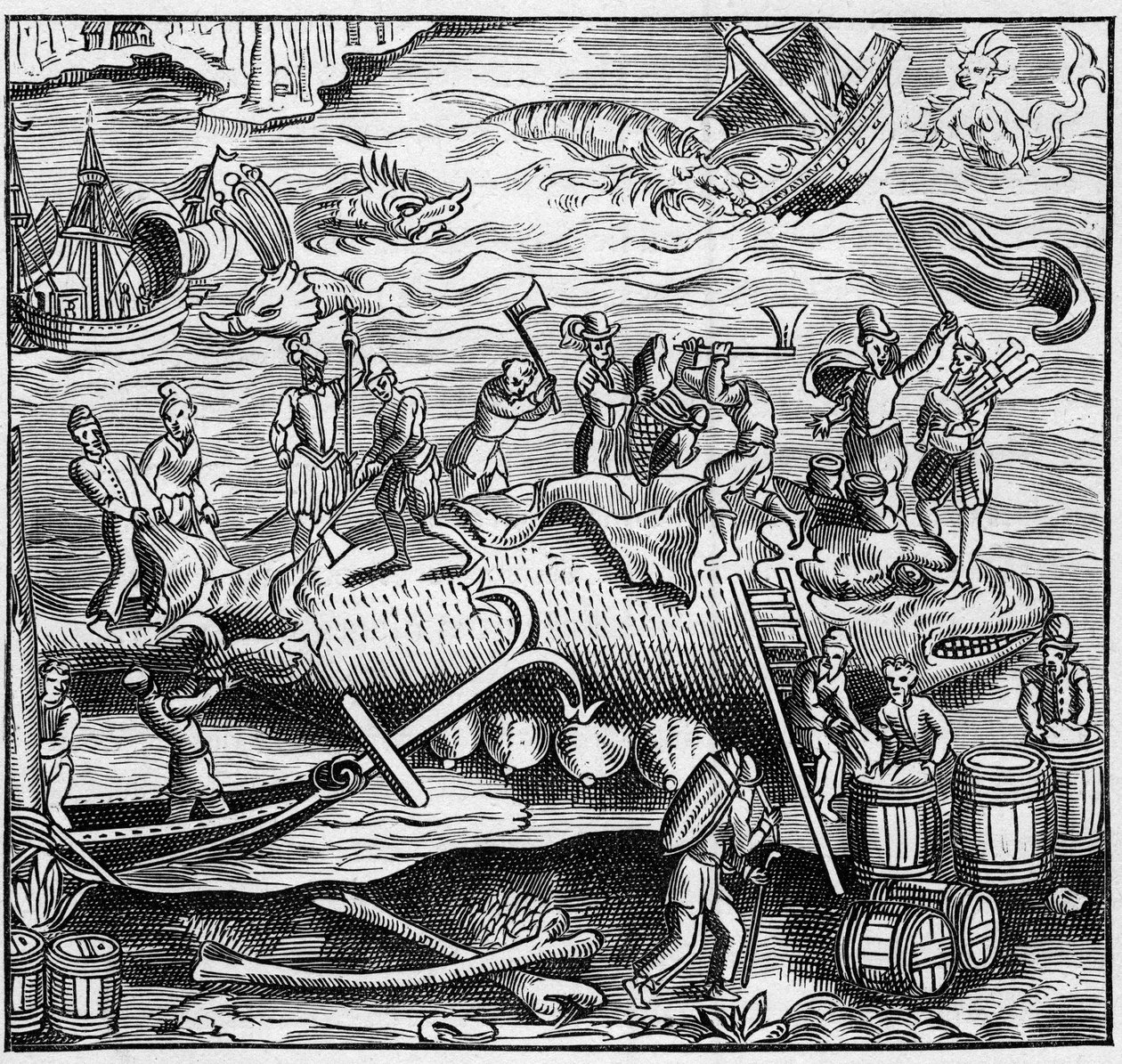 Połowy wielorybów na francuskim wybrzeżu Oceanu Atlantyckiego w średniowieczu. Grawerowanie w „La Marine et les colonies: commerce” autorstwa French School
