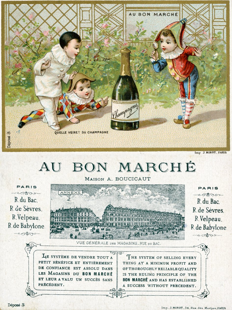 Co za szczęście! butelka szampana; awers i rewers karty promocyjnej dla Domów Towarowych Bon Marché w Paryżu, ok. 1895 r. autorstwa French School