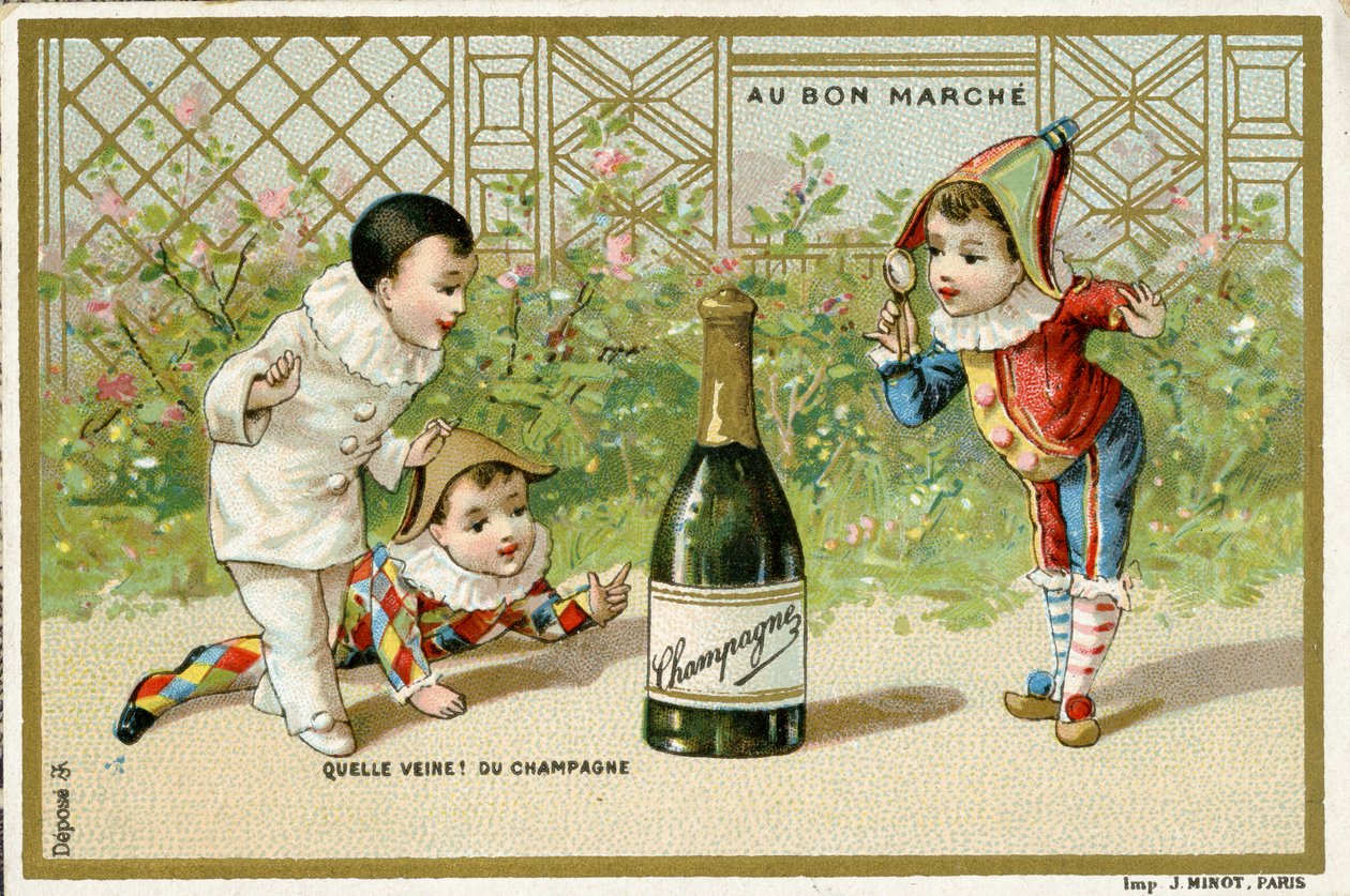 Co za szczęście! butelka szampana, karta promocyjna paryskiego domu towarowego Au Bon Marché, ok. 1895 (patrz również 488428) autorstwa French School